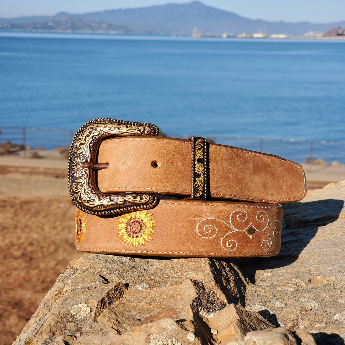 Western Black Leather Belt with Centenario Blue Rhinestones